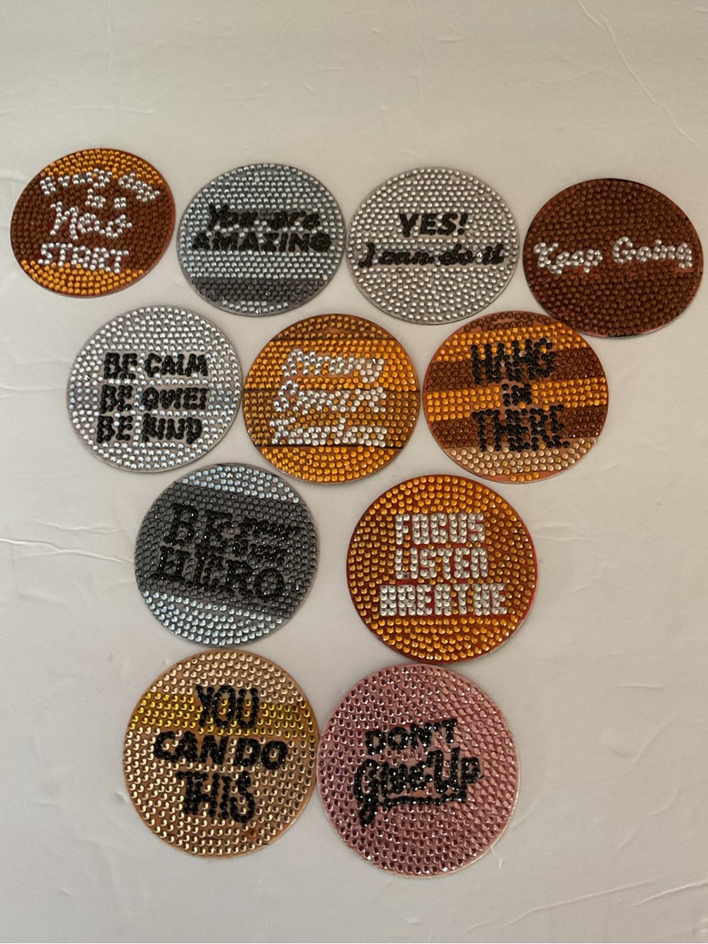 11 Motivational Rhinestone Round Magnets - Assorted Phrases